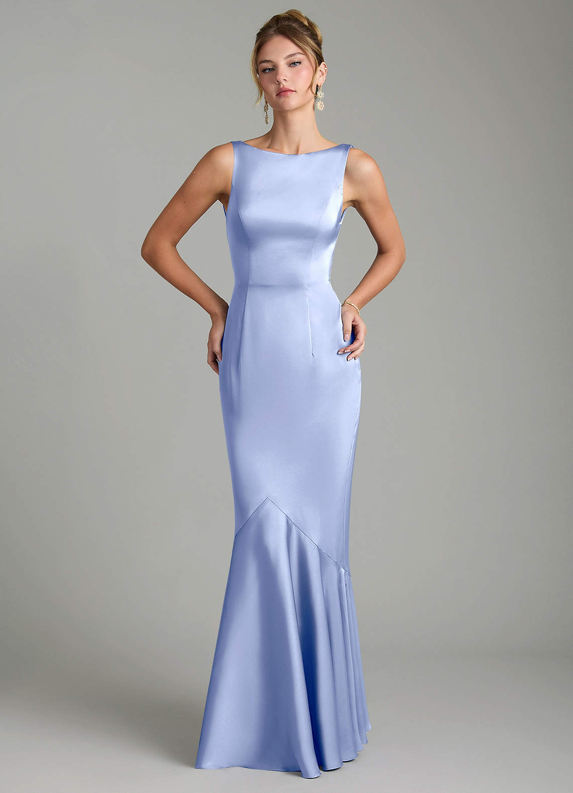 Tamera Mermaid Boat-Neck Stretch Satin and Chiffon Bridesmaid Dress in Ice
