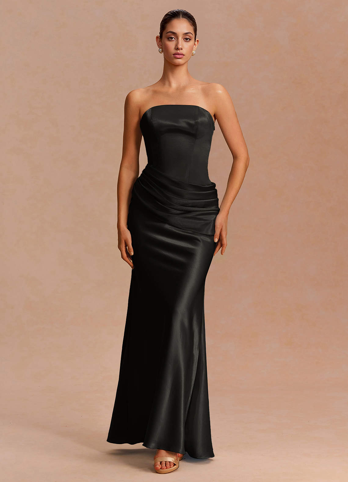 Leonie Strapless Draped-Shoulder Satin Evening Dress in Black