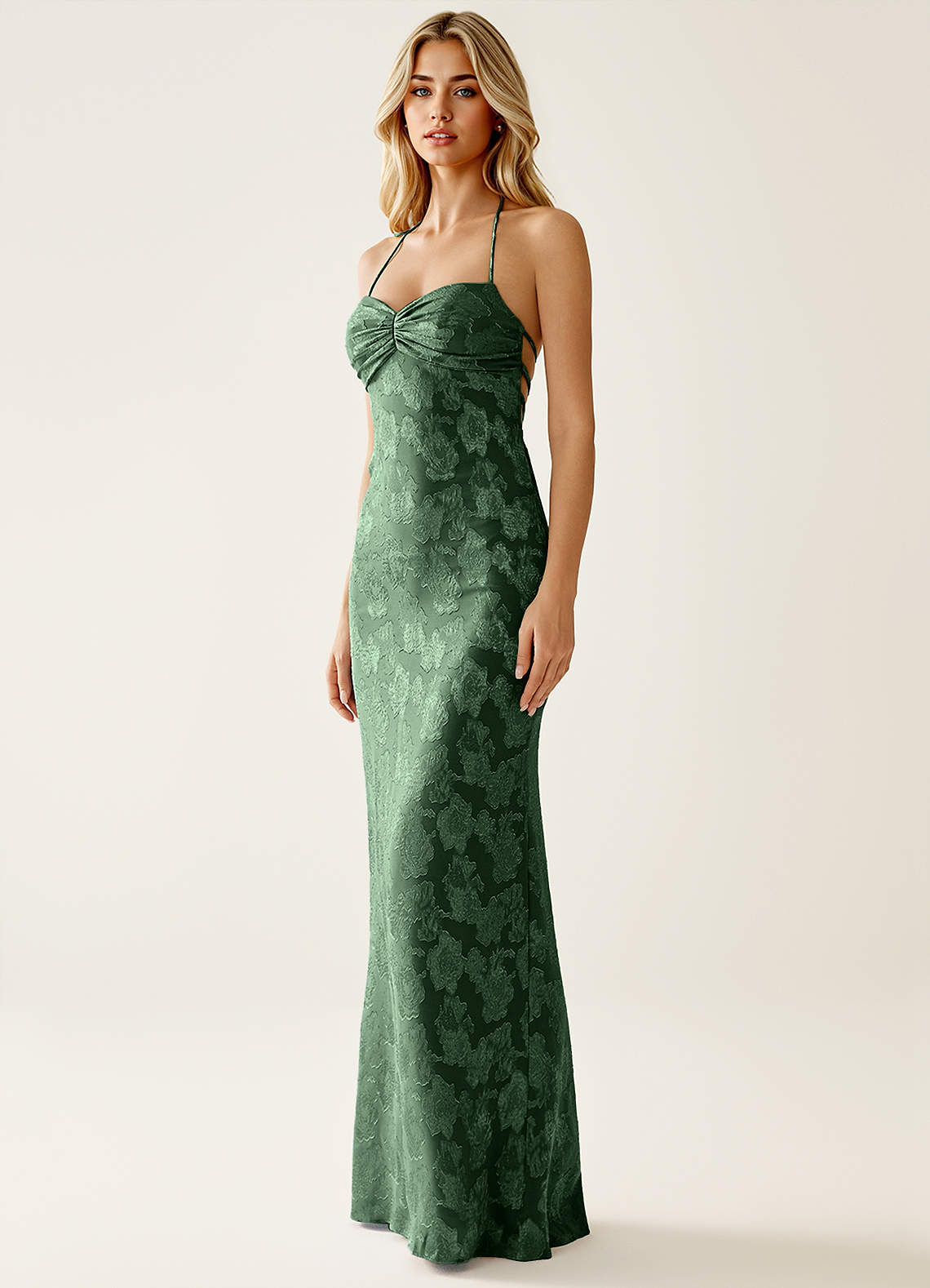 Angena Sheath Halter Floral Burnout Evening Dress in Eucalyptus