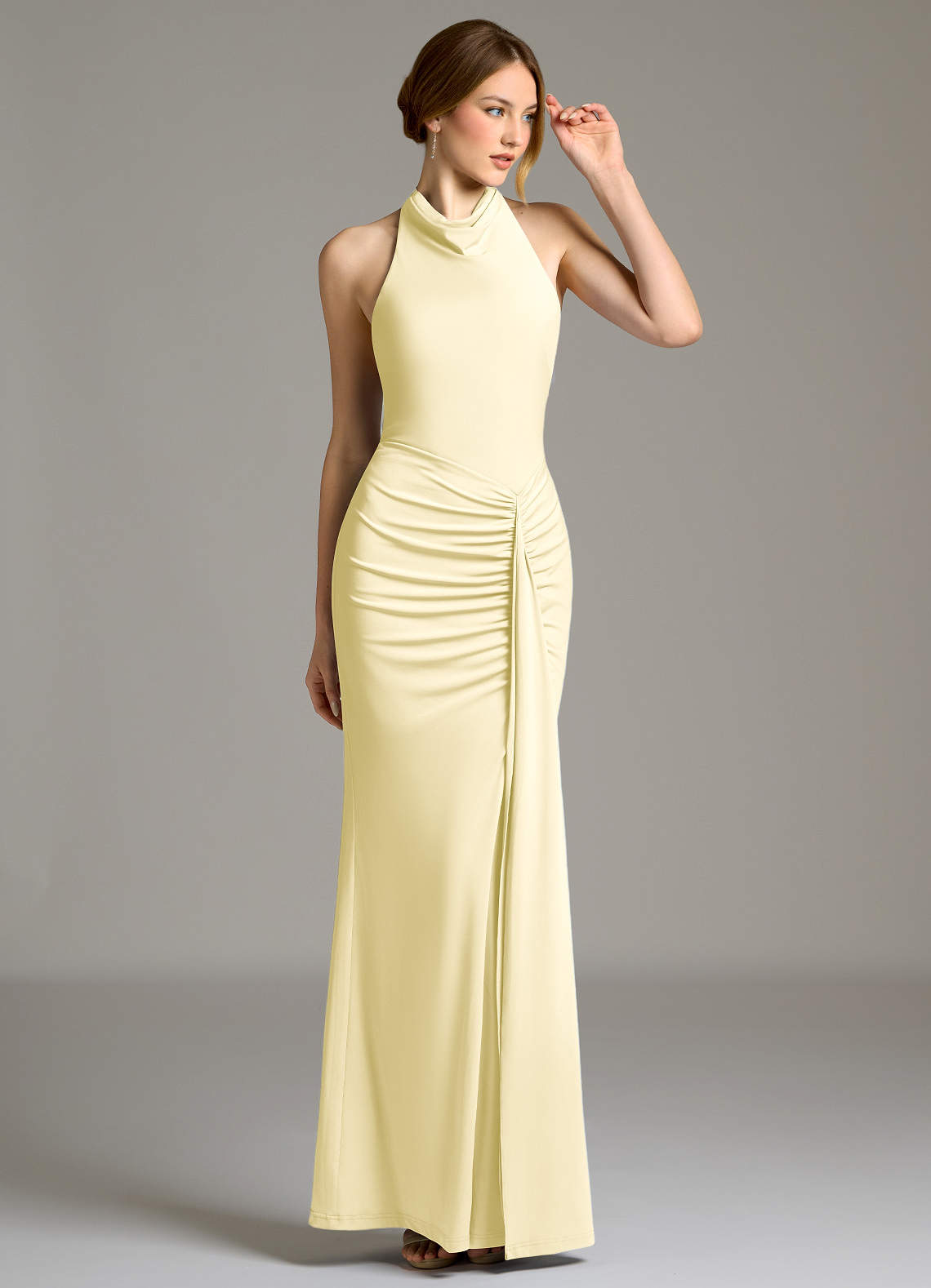Raevynn Mermaid Halter Stretch Jersey Bridesmaid Dress in Lemon Sorbet