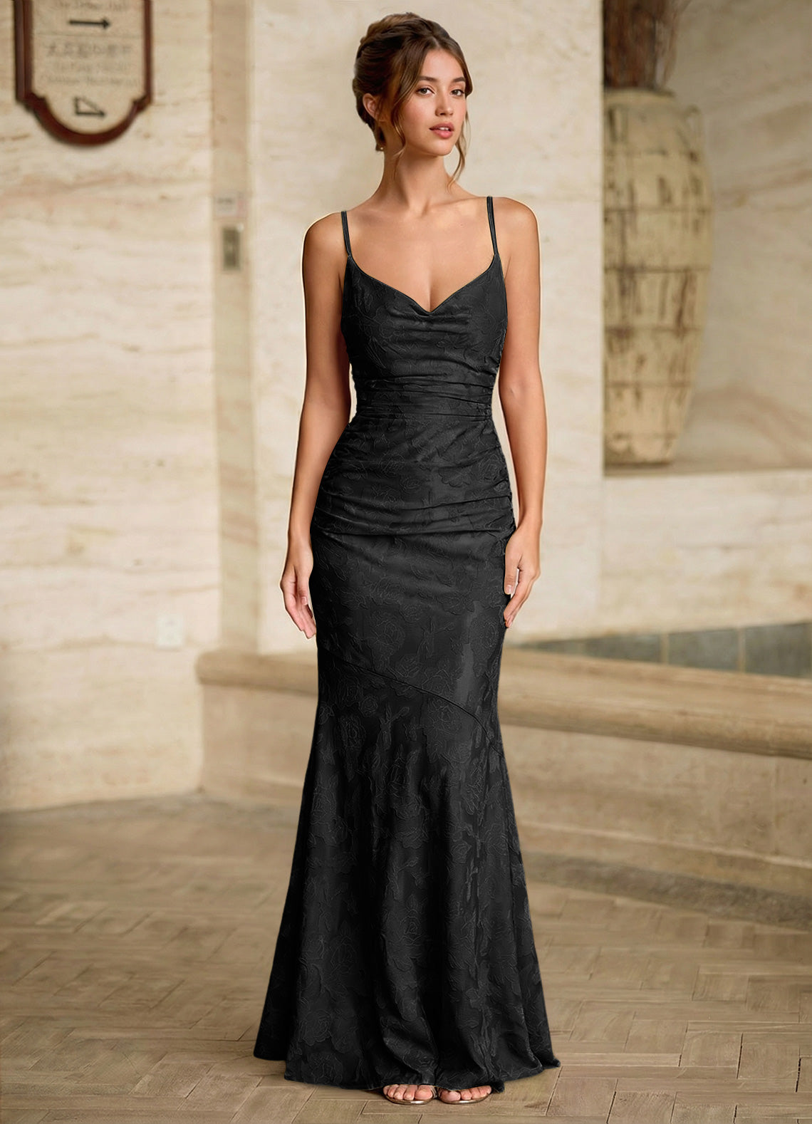 Leahenmo Mermaid Cowl-Neck Floral Burnout Prom Dress in Black