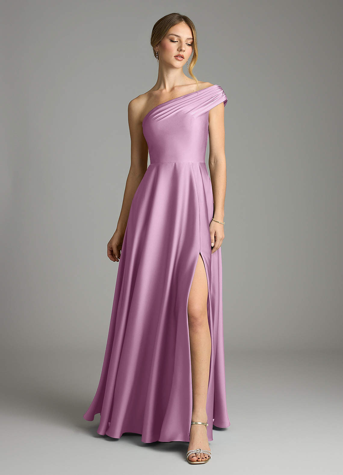 Melanie A-Line One-Shoulder Stretch Satin Bridesmaid Dress in Wisteria