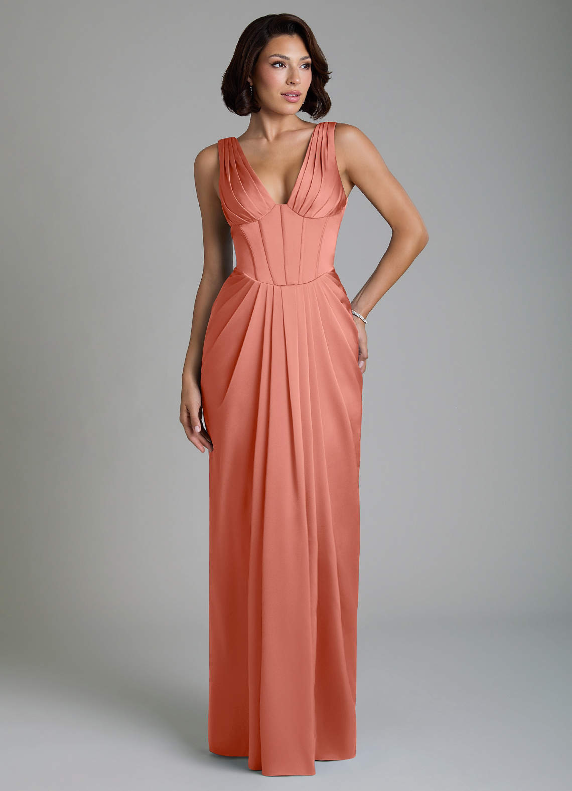 Vanya Sheath V-Neck Stretch Satin Bridesmaid Dress in Salmon Pink