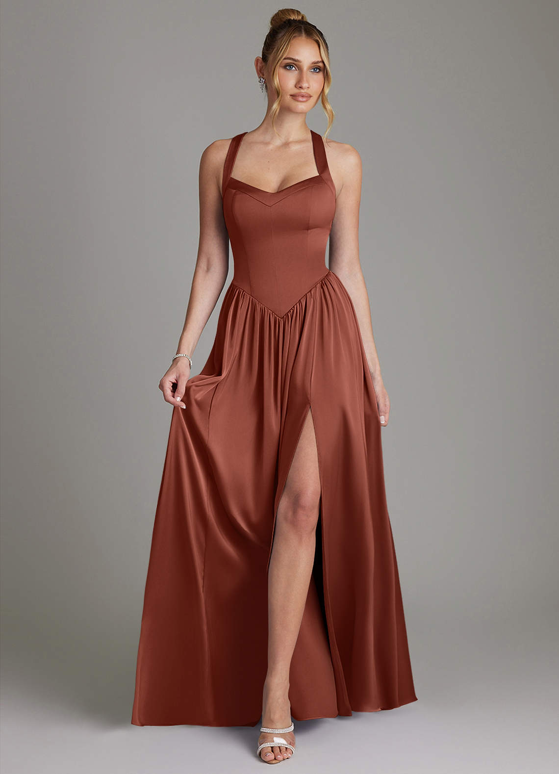 Francis A-Line V-Neck Stretch Satin Bridesmaid Dress in Auburn
