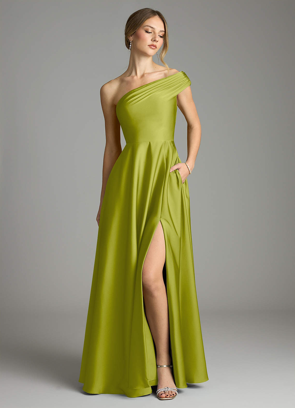 Melanie A-Line One-Shoulder Stretch Satin Bridesmaid Dress in Lemongrass