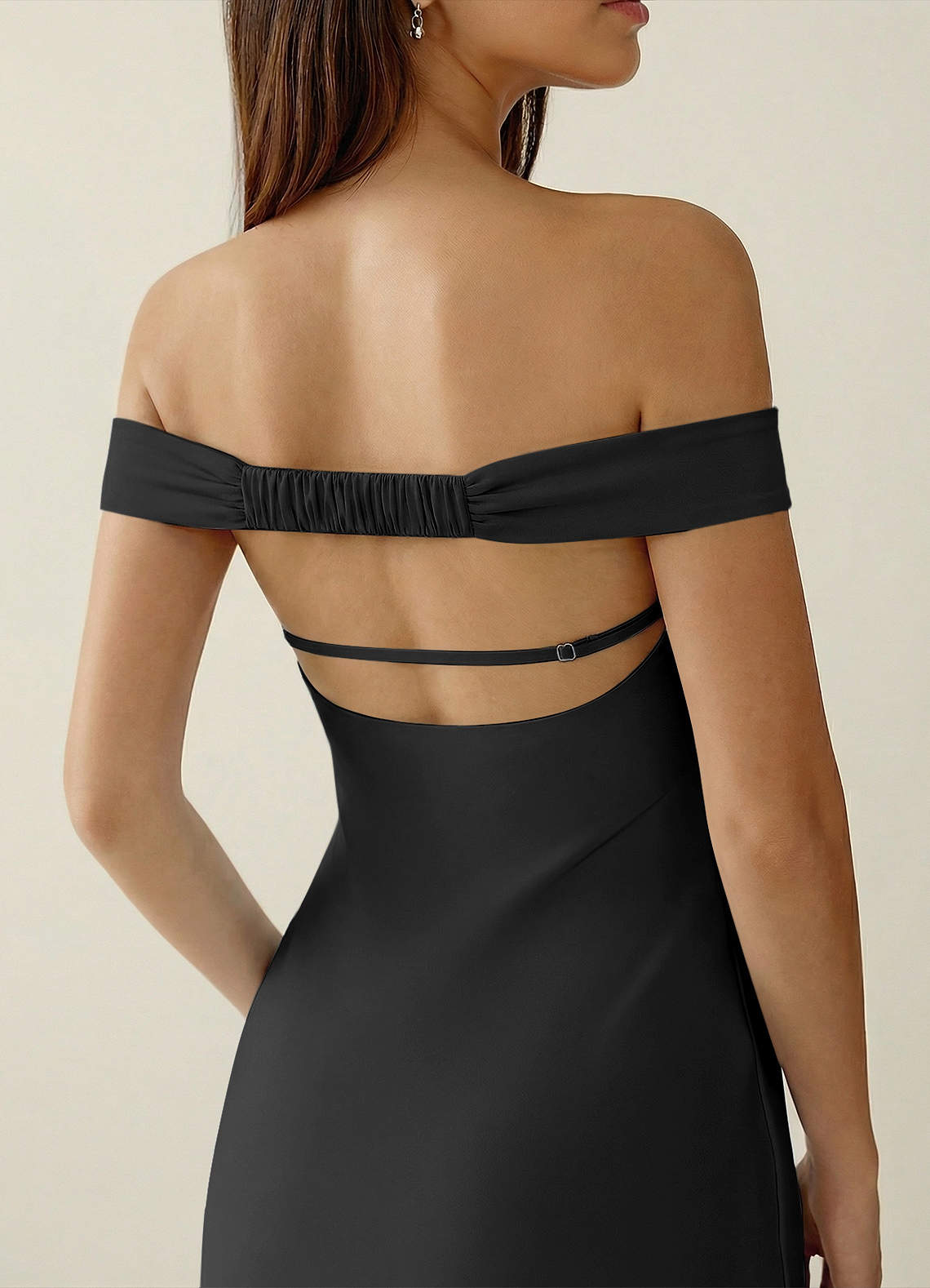 Gwendonme Sheath Off-the-Shoulder Satin Crystal Linen Evening Dress in black