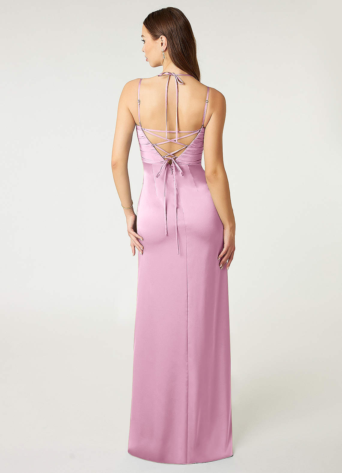 Desi Sheath Halter Stretch Satin Bridesmaid Dress in candy pink