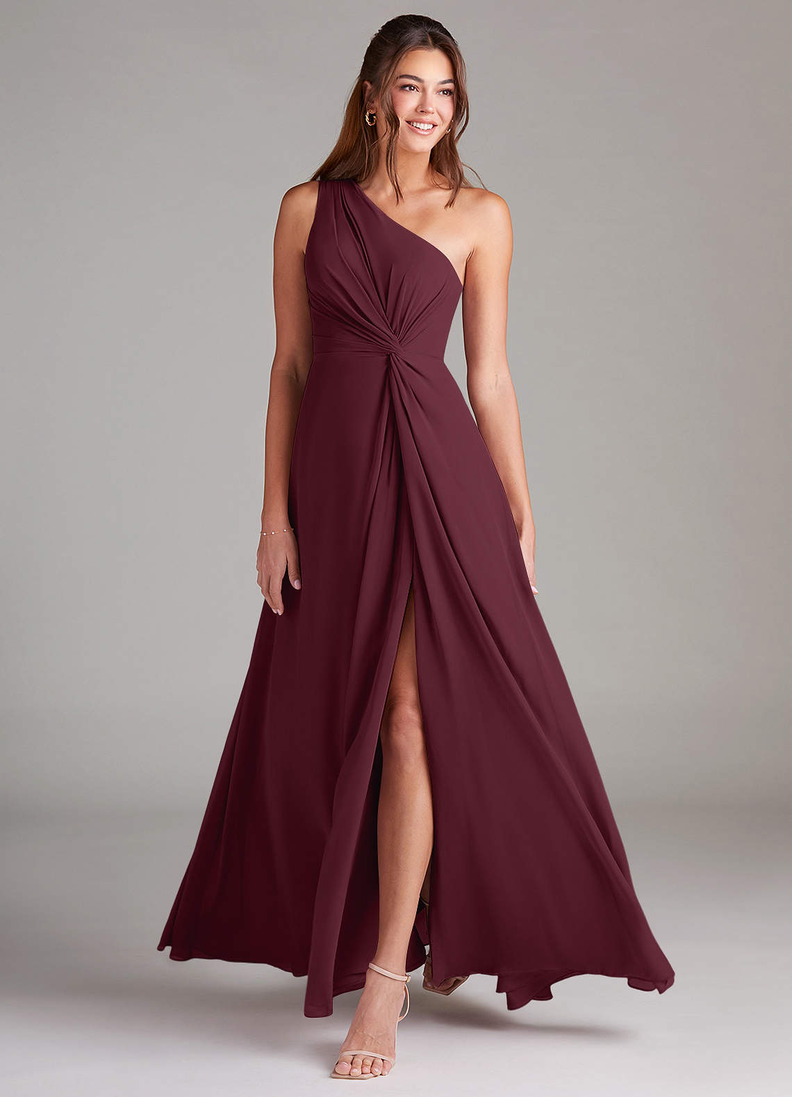 Brooke A-Line One-Shoulder Chiffon Bridesmaid Dress in Cabernet