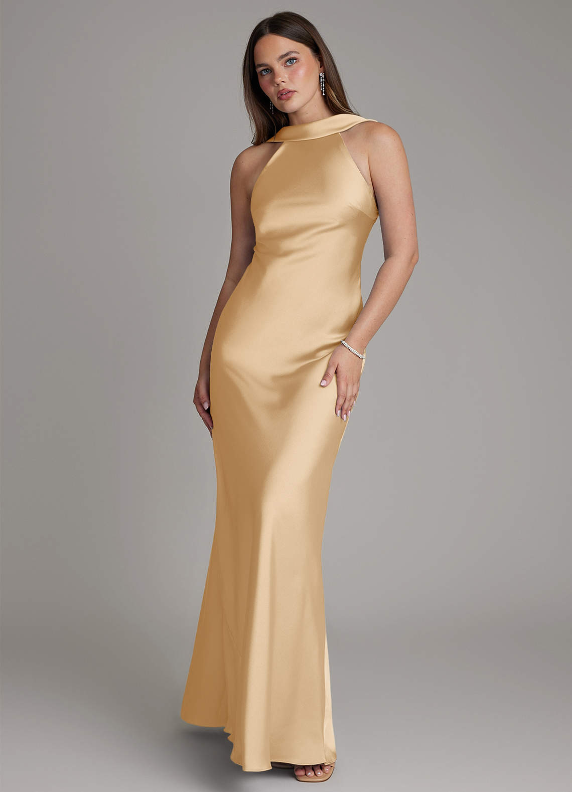 Dimitra Sheath Halter Stretch Satin Bridesmaid Dress in Gold