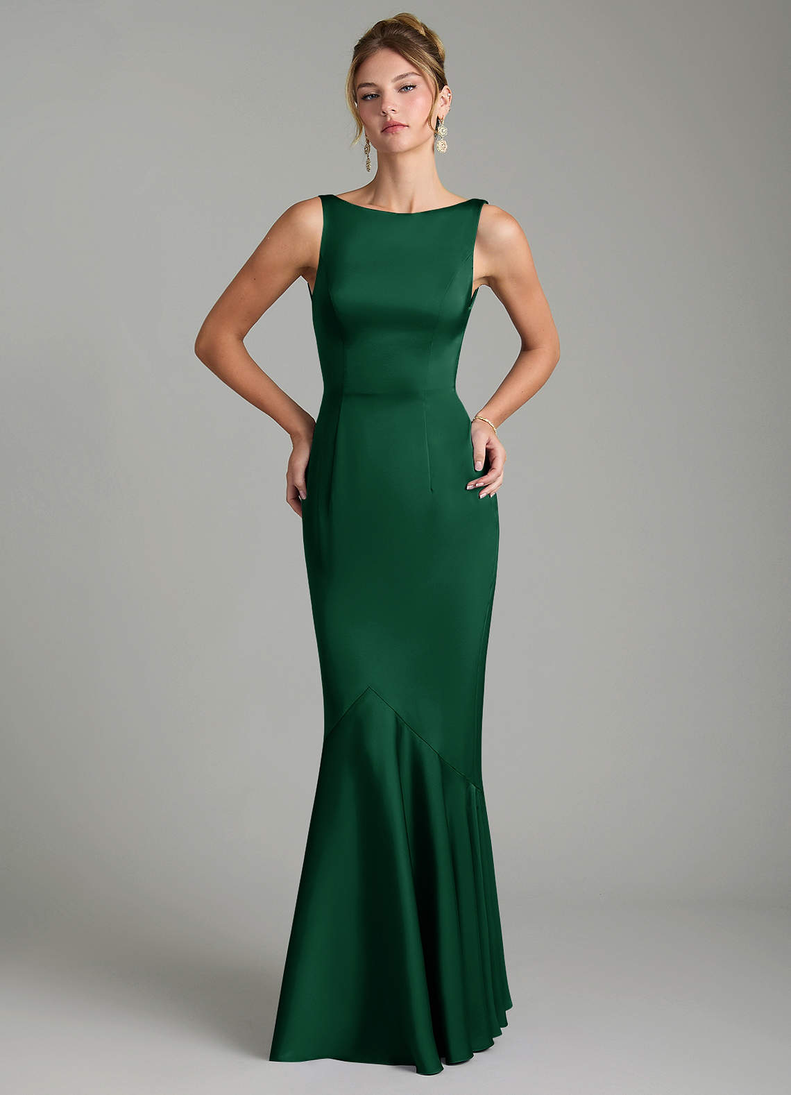 Tamera Mermaid Boat-Neck Stretch Satin and Chiffon Bridesmaid Dress in Dark Green