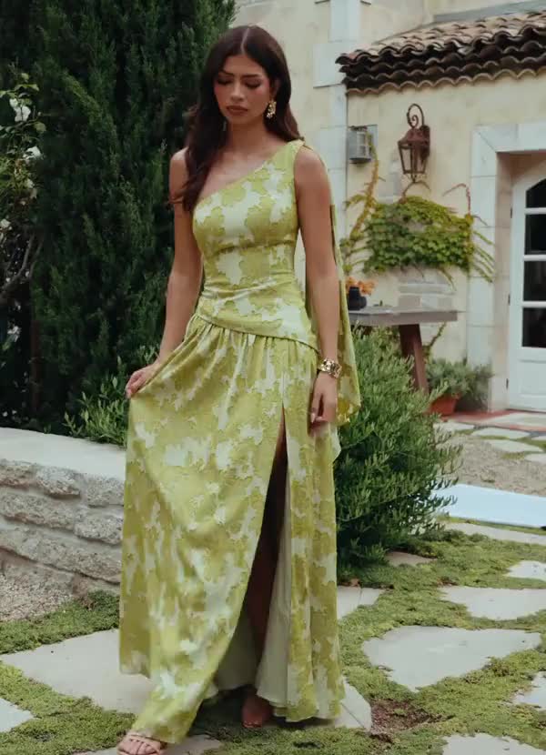 Nayra A-Line One-Shoulder Burnout Wedding Guest Dress in Vintage Chartreuse