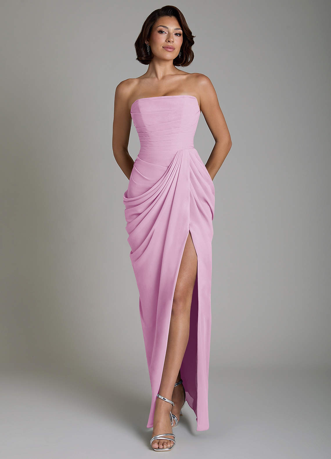 Nyra Sheath Strapless Chiffon Bridesmaid Dress in candy pink