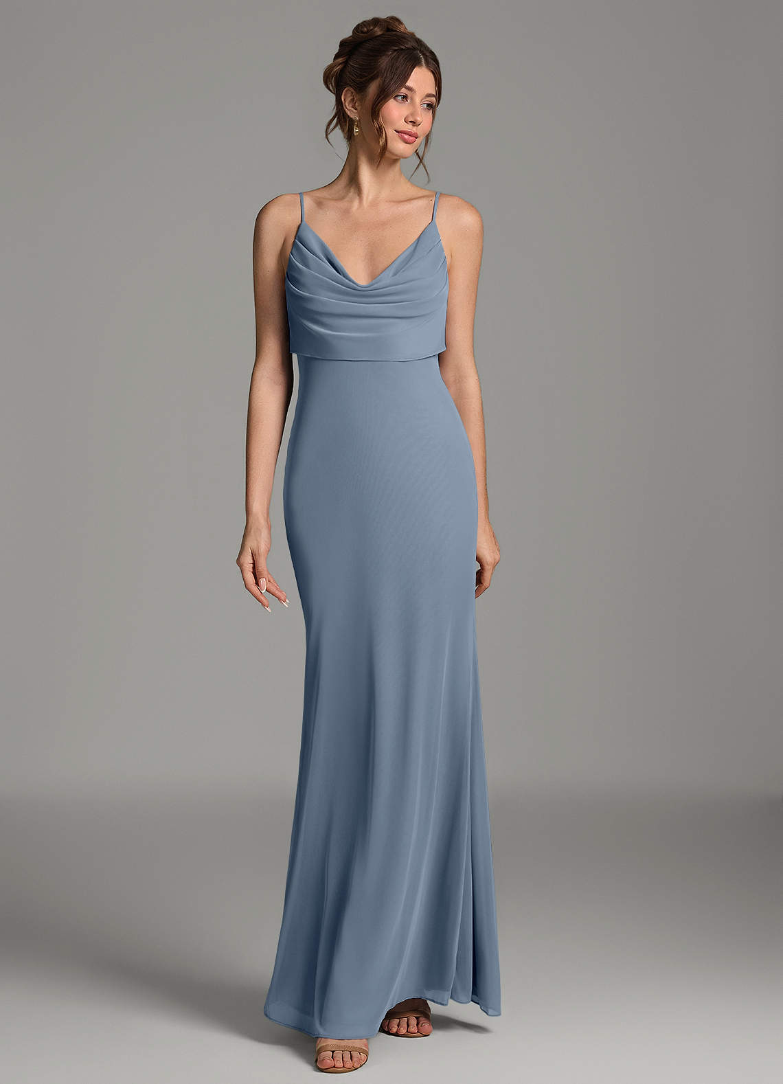 Zari Mermaid Cowl-Neck Mesh Bridesmaid Dress in Twilight