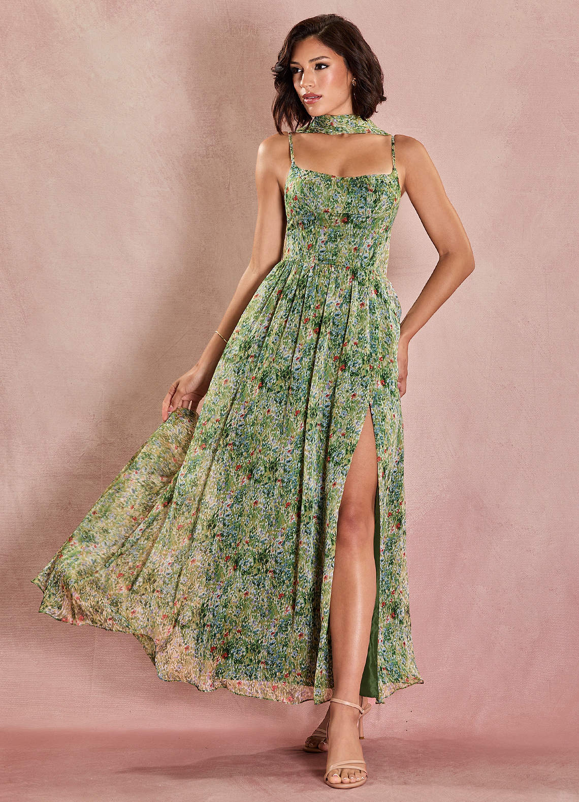 Lolla A-Line V-Neck Chiffon Wedding Guest Dress in Green Floral