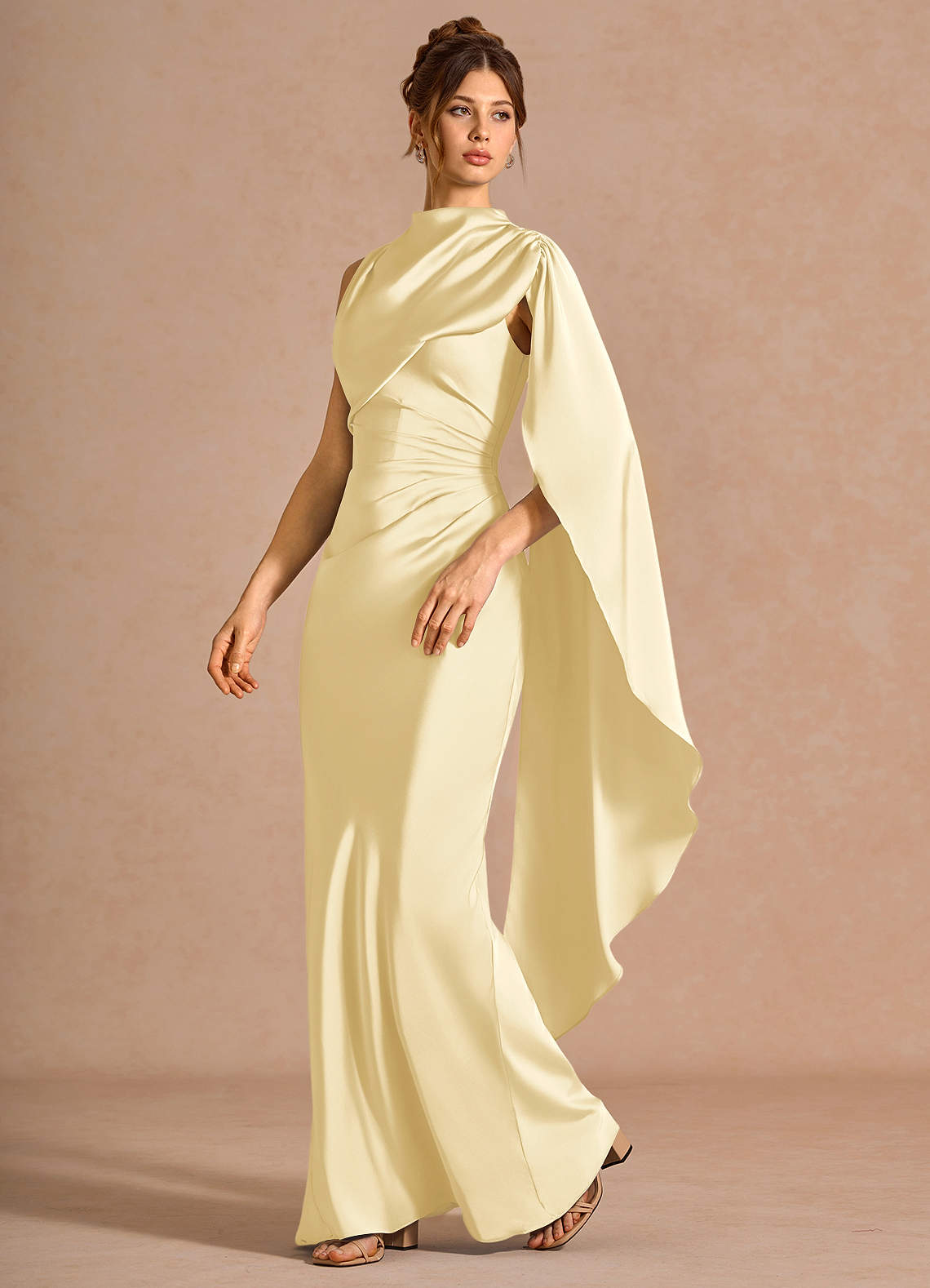 Chesney Cape-Sleeve Pleated Stretch Satin Wedding Guest Dress in Butter Yellow