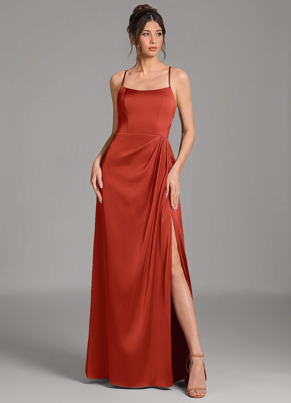 Frankie A-Line Scoop-Neck Stretch Satin Bridesmaid Dress in Rust
