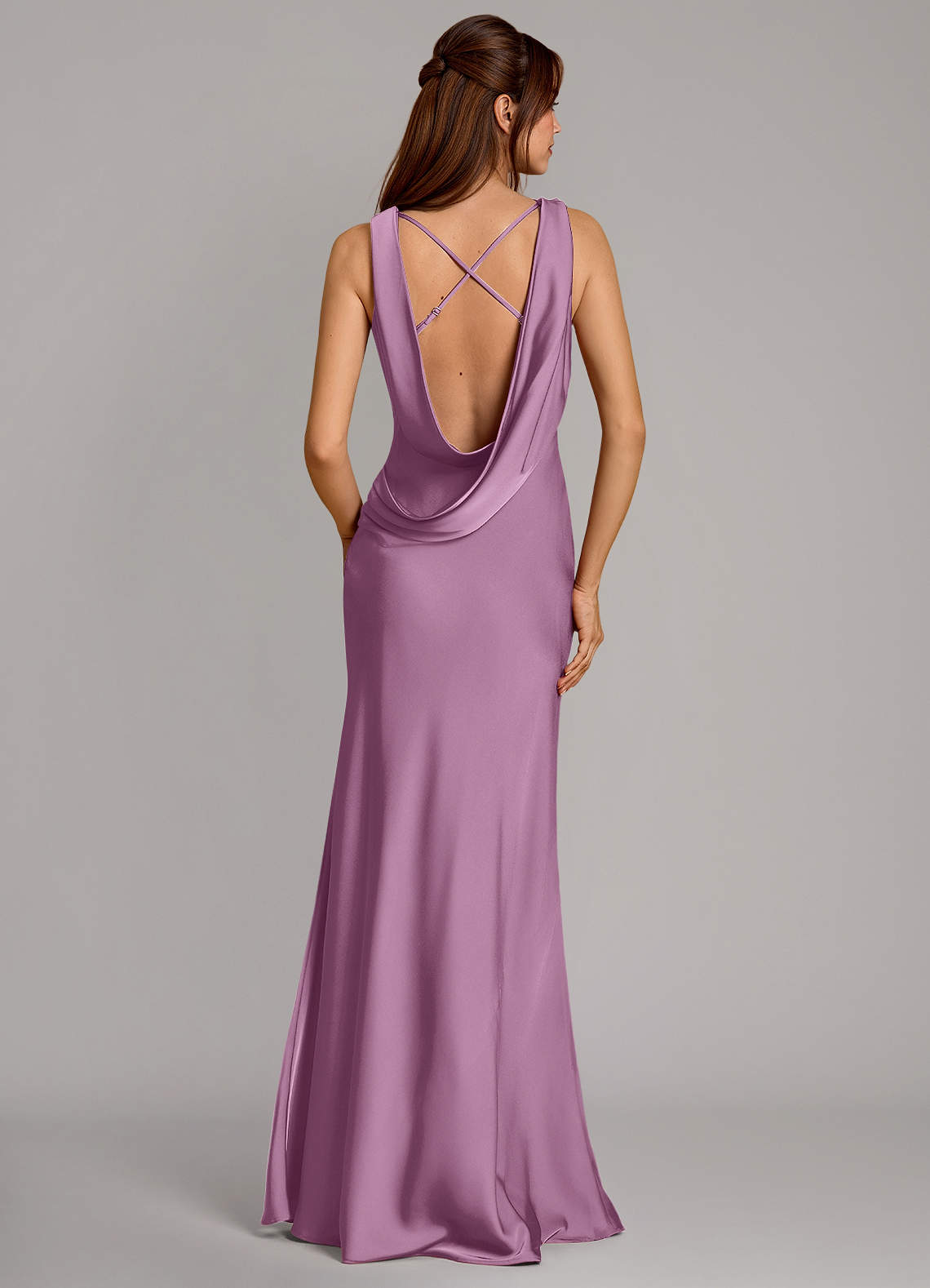 Cheryl Mermaid Cowl-Neck Stretch Satin Bridesmaid Dress in Wisteria
