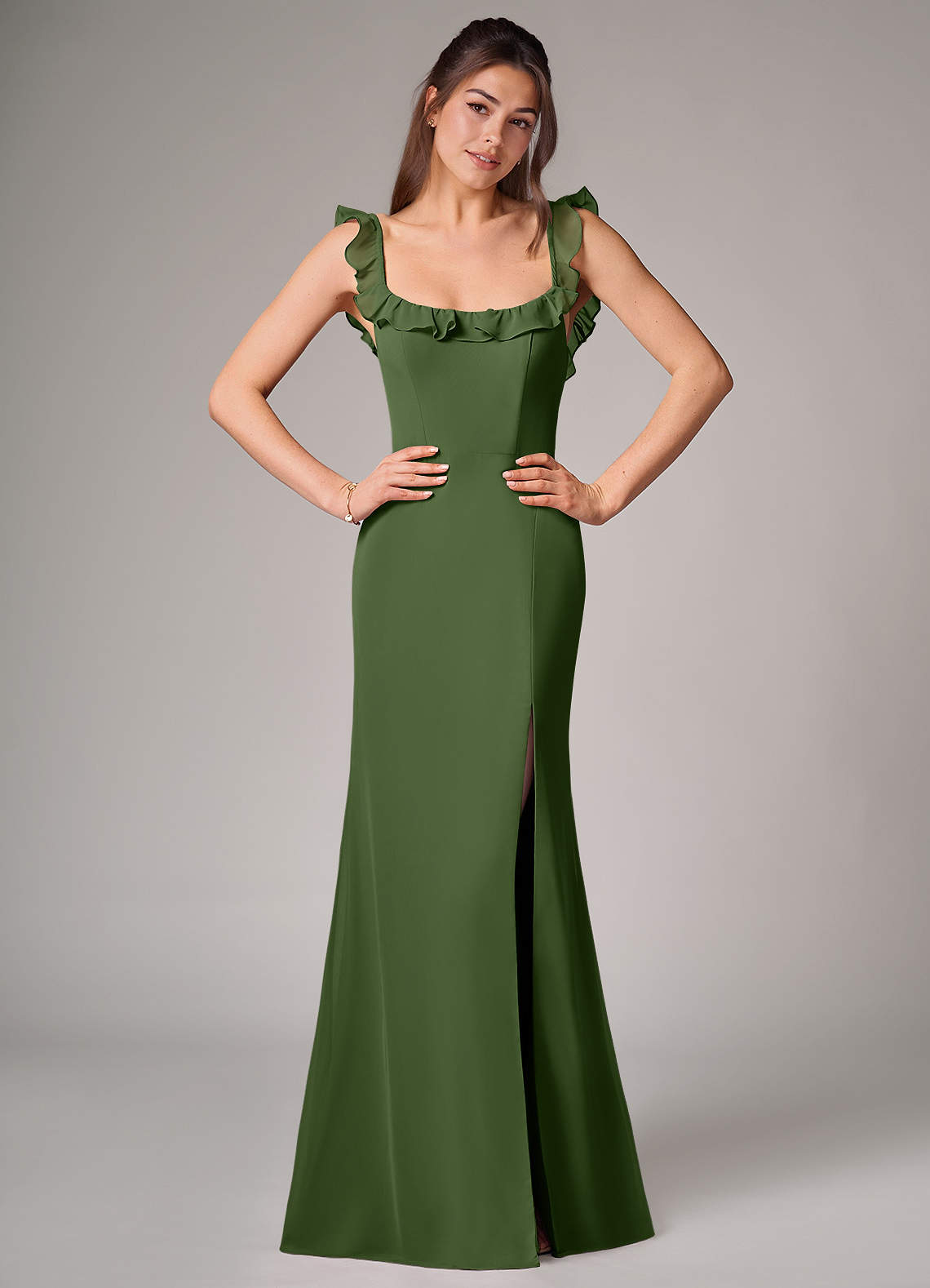 Callie Mermaid Scoop-Neck Chiffon Bridesmaid Dress in Olive