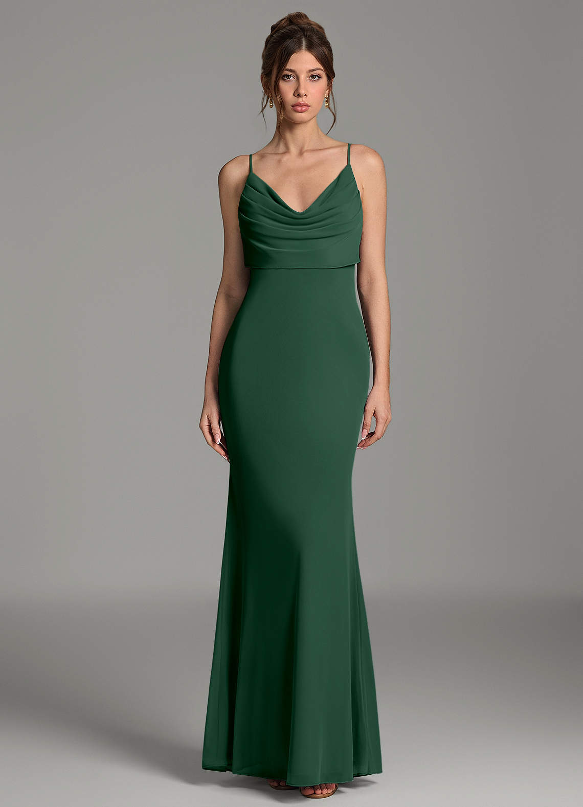 Zari Mermaid Cowl-Neck Mesh Bridesmaid Dress in Dark Green