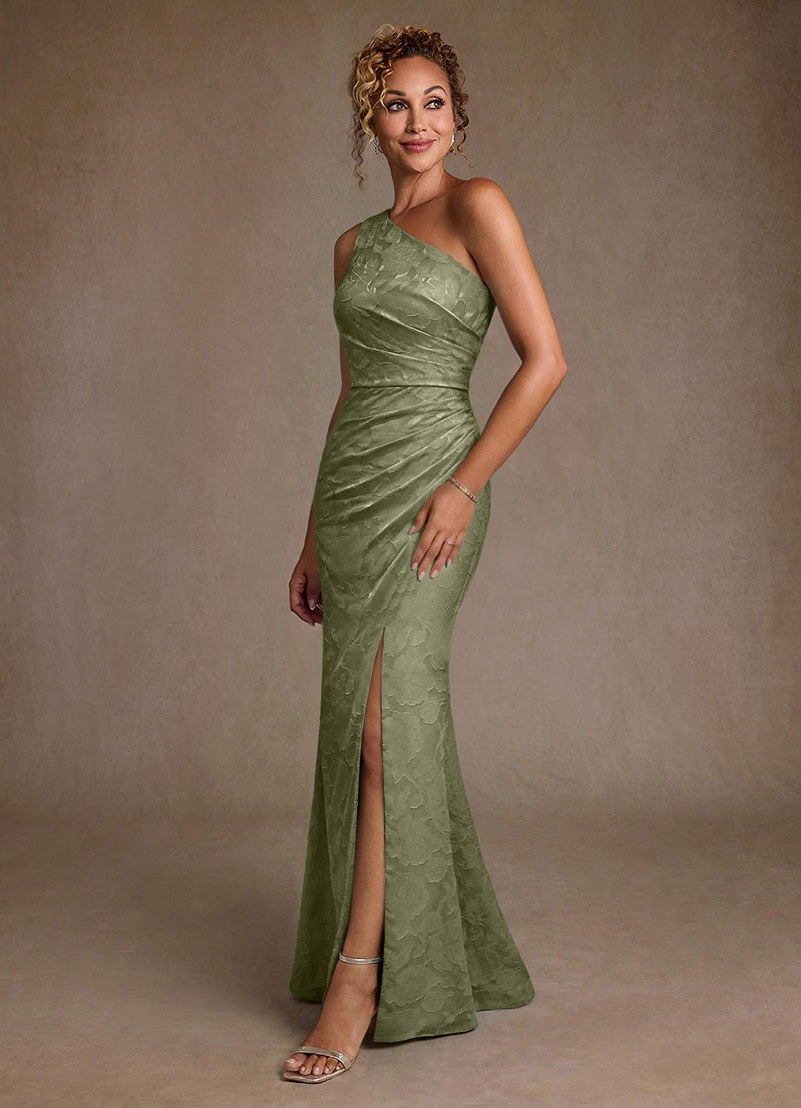 Joylin Trumpet One-Shoulder Floral Burnout Mother of the Bride Dress in Pistachio