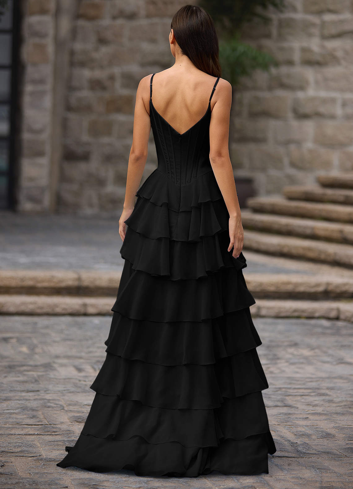 Floralace A-Line Ruffle Chiffon Evening Dress in black