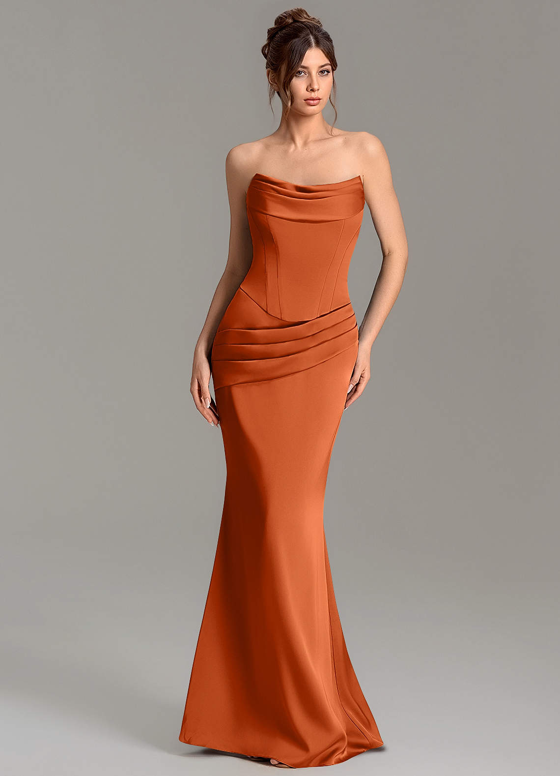 Adrienne Mermaid Cowl-Neck Stretch Satin Bridesmaid Dress in Burnt Orange