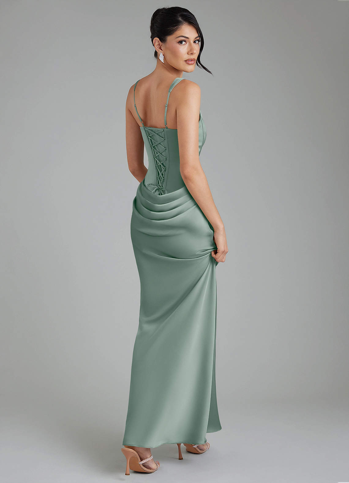 Etta Mermaid Square-Neck Stretch Satin Bridesmaid Dress in Silver Sage