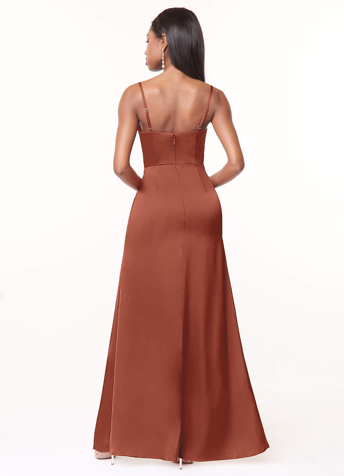 Maci A-Line V-Neck Stretch Satin Bridesmaid Dress in Auburn