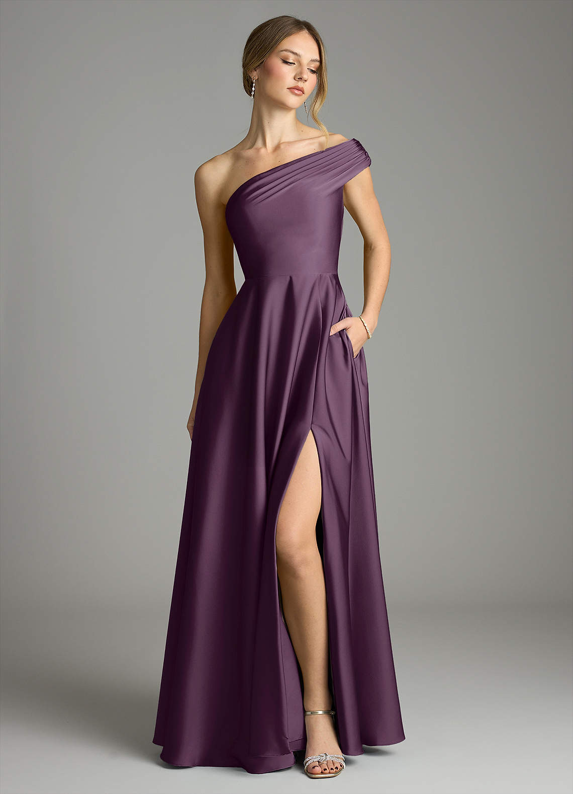 Melanie A-Line One-Shoulder Stretch Satin Bridesmaid Dress in Plum