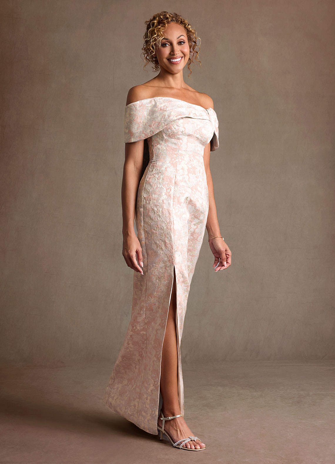 Zion Sheath Off-the-Shoulder Jacquard Mother of the Bride Dress in Dusty Rose
