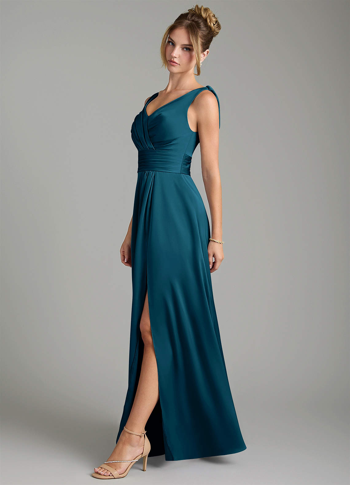 Karina A-Line V-Neck Stretch Satin Bridesmaid Dress in Ink Blue