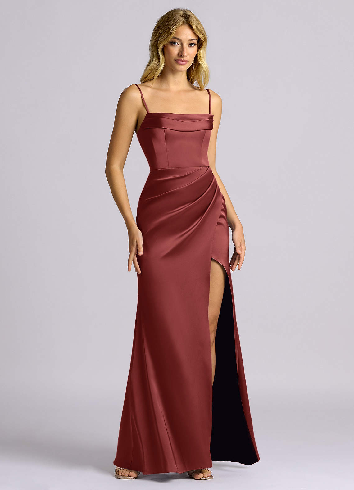 Auden Sheath Off-the-Shoulder Stretch Satin Bridesmaid Dress in Terracotta