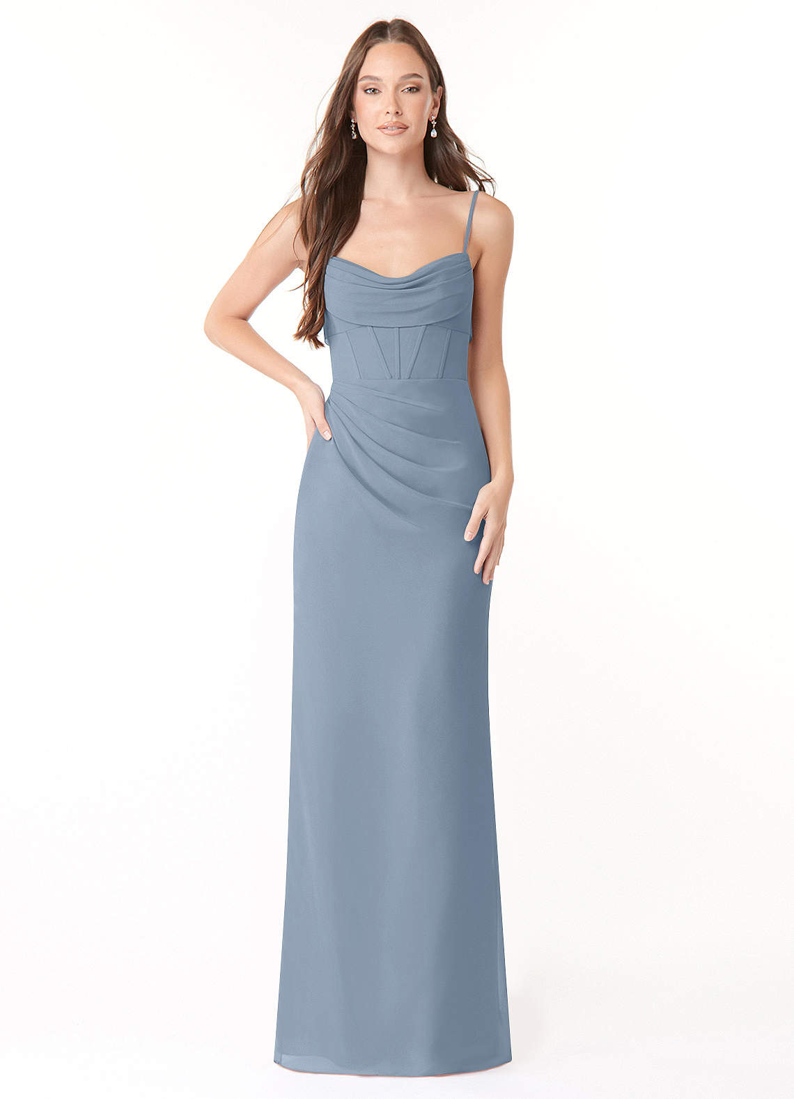 Mai Sheath Cowl-Neck Chiffon Bridesmaid Dress in dusty blue