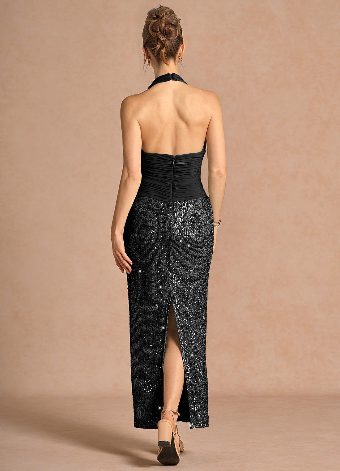 Alessia V-Neck Ruched Sequin Jersey Evening Dress in Silver Black