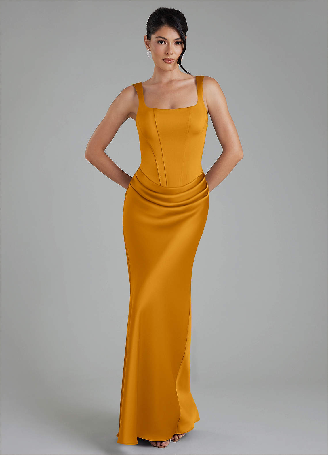 Etta Mermaid Square-Neck Stretch Satin Bridesmaid Dress in butterscotch