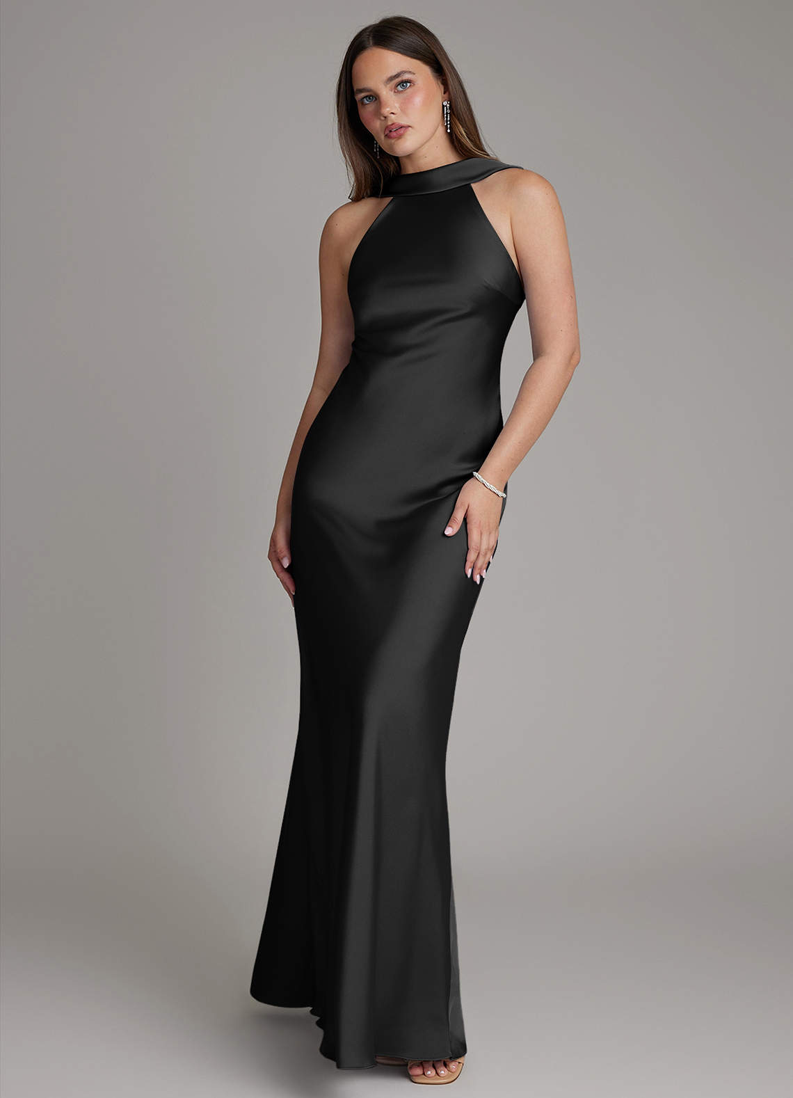 Dimitra Sheath Halter Stretch Satin Bridesmaid Dress in black