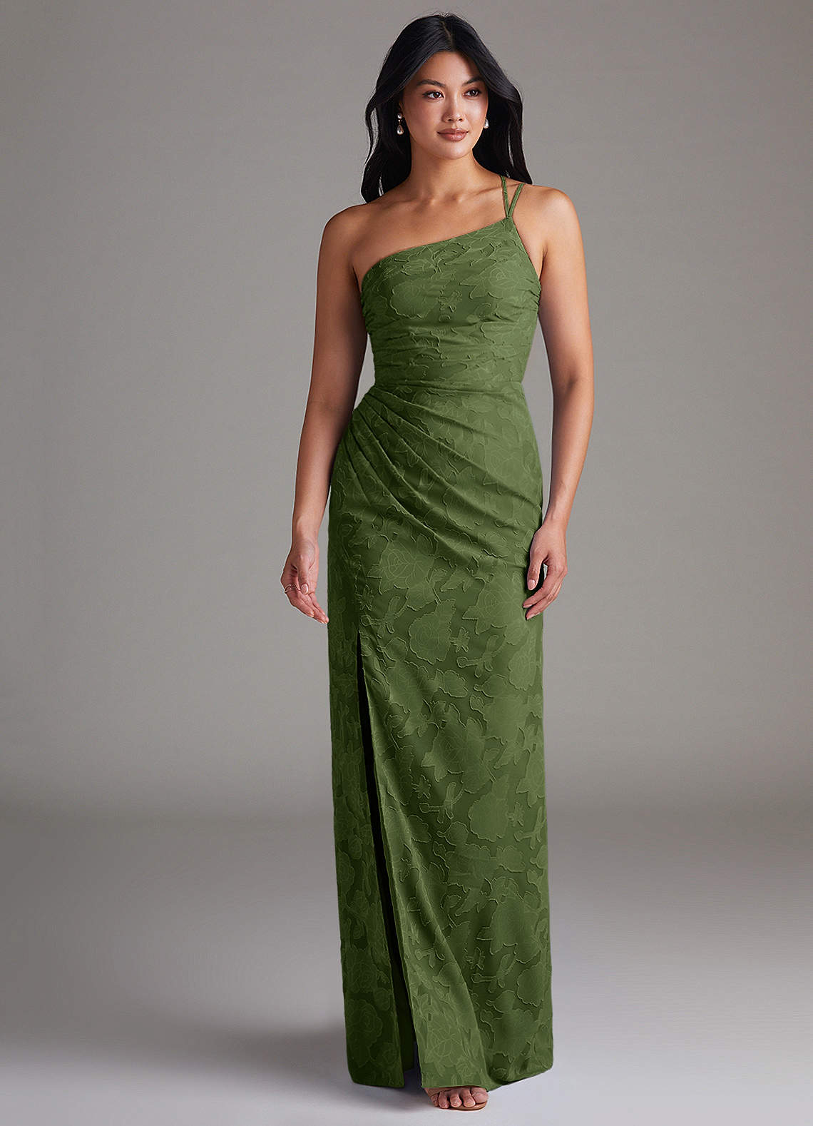 Eren Sheath One-Shoulder Floral Burnout Bridesmaid Dress in Olive