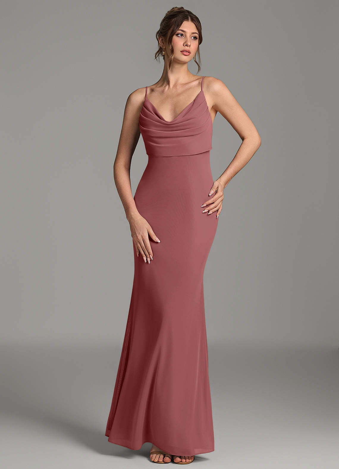 Zari Mermaid Cowl-Neck Mesh Bridesmaid Dress in Amethyst