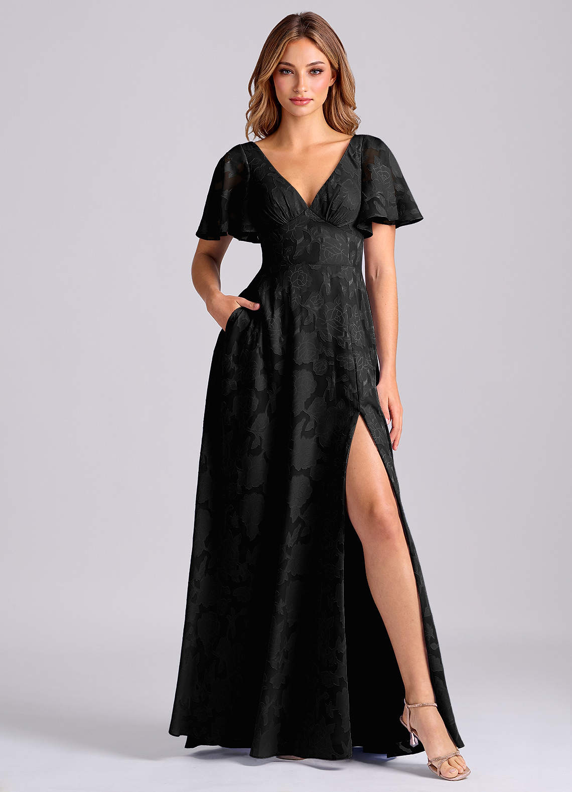 Kimber A-Line V-Neck Floral Burnout Bridesmaid Dress in black
