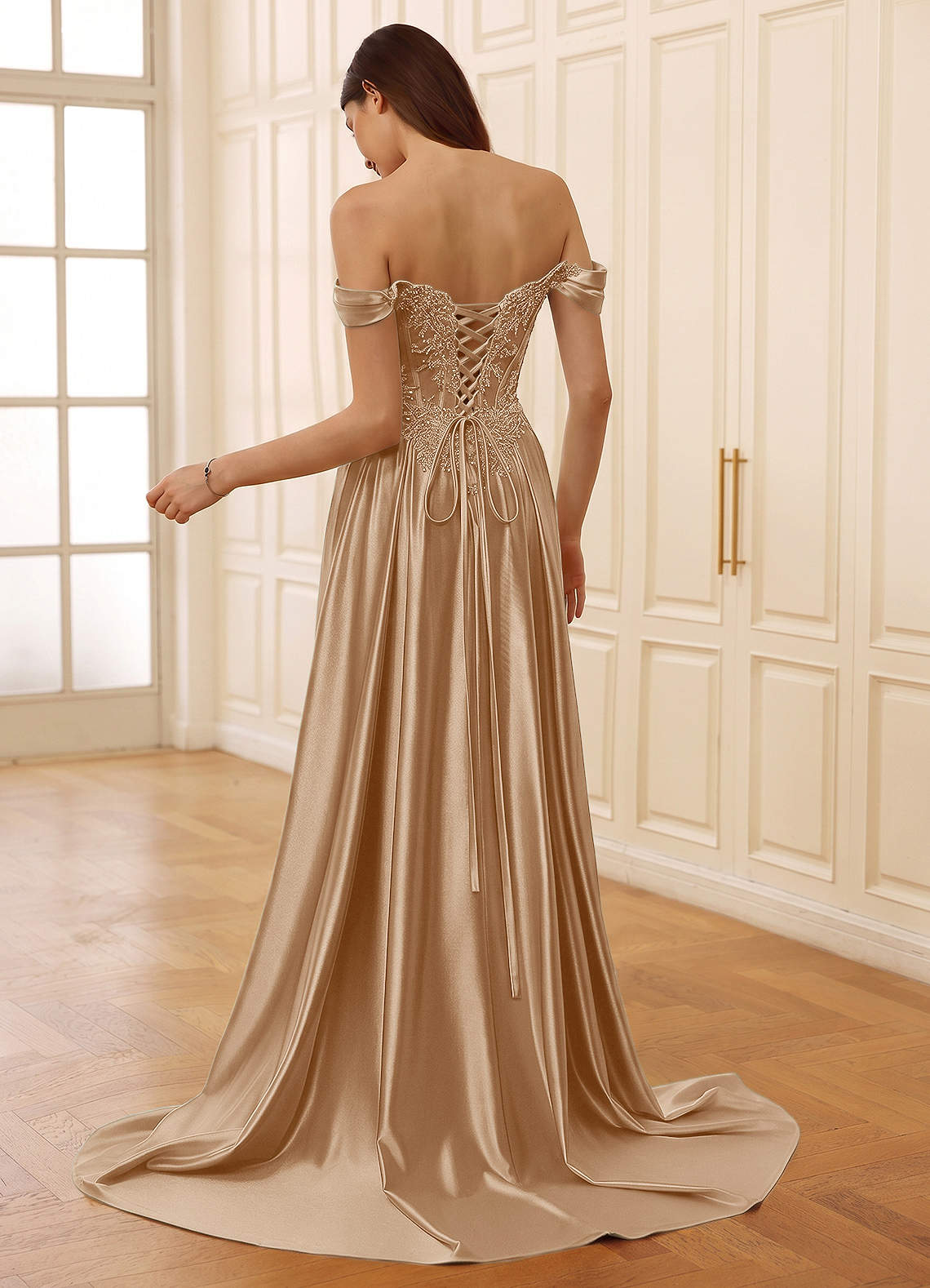 Rowane A-Line Off-the-Shoulder Satin Evening Dress in champagne