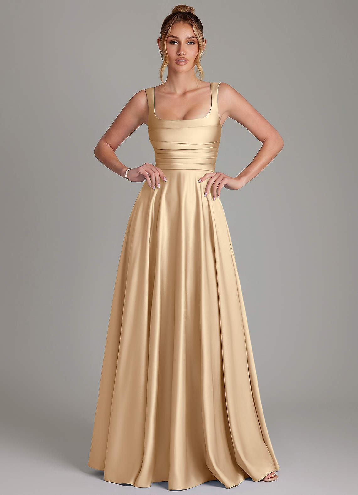 Azaria A-Line Square-Neck Stretch Satin Bridesmaid Dress in Champagne