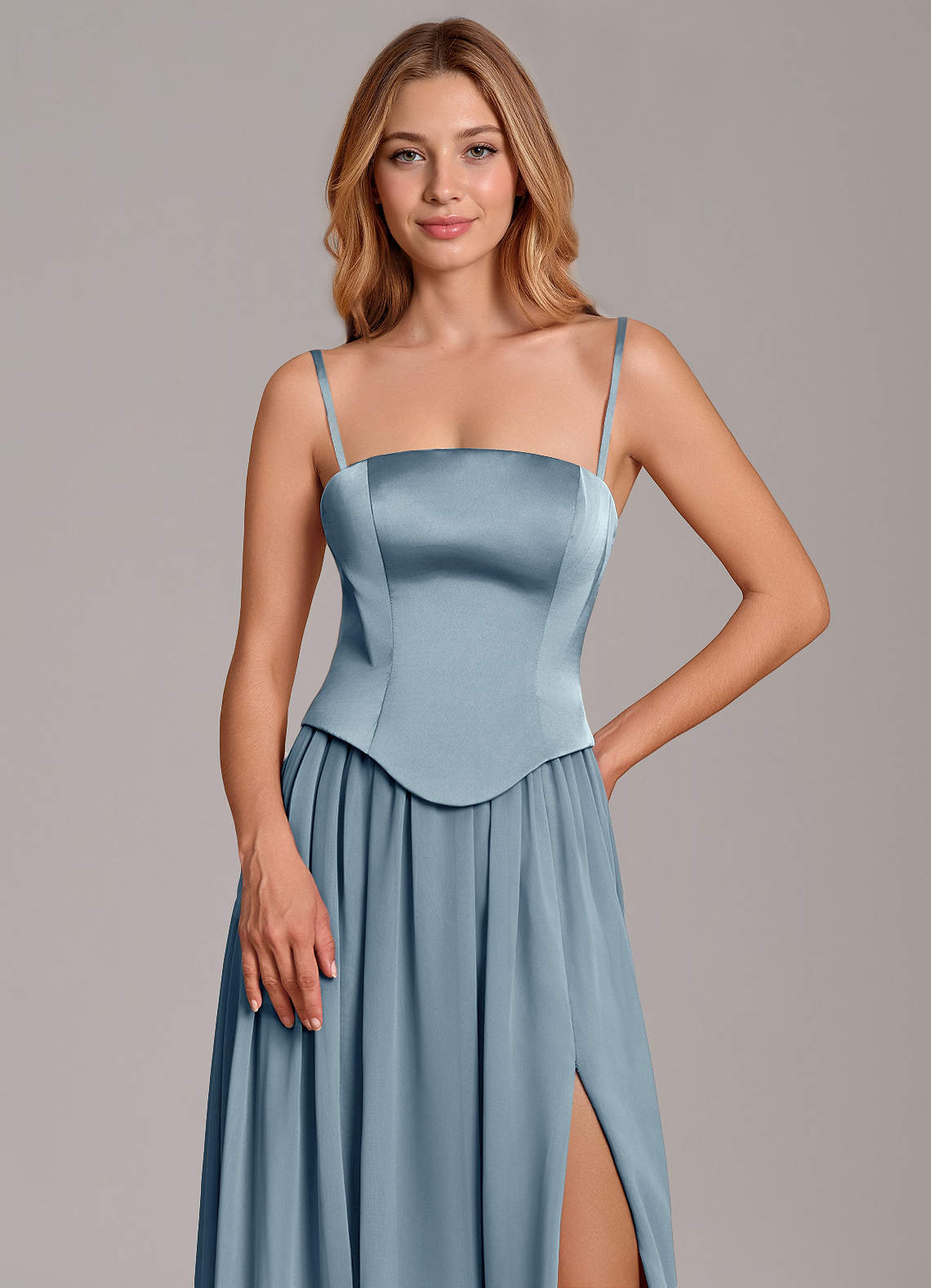 Cadence A-Line Strapless Chiffon and Stretch Satin Bridesmaid Dress in dusty blue