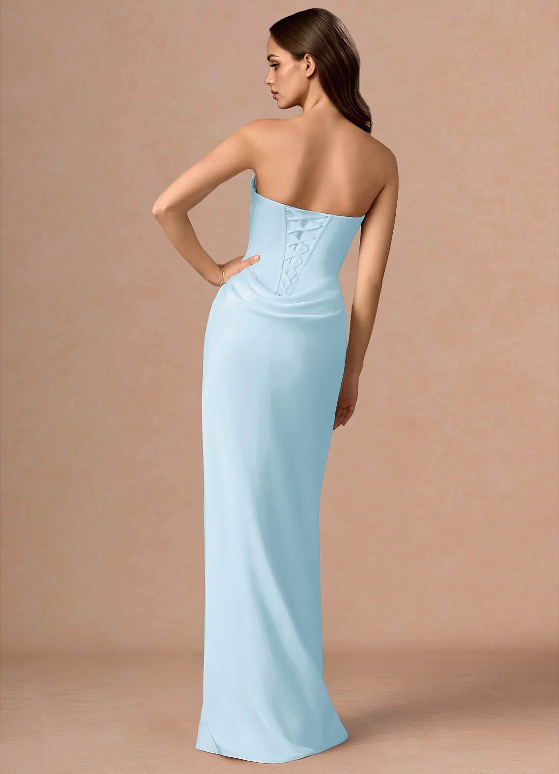 Valencia Scarf Lace-Up Stretch Satin Evening Dress in Light Blue