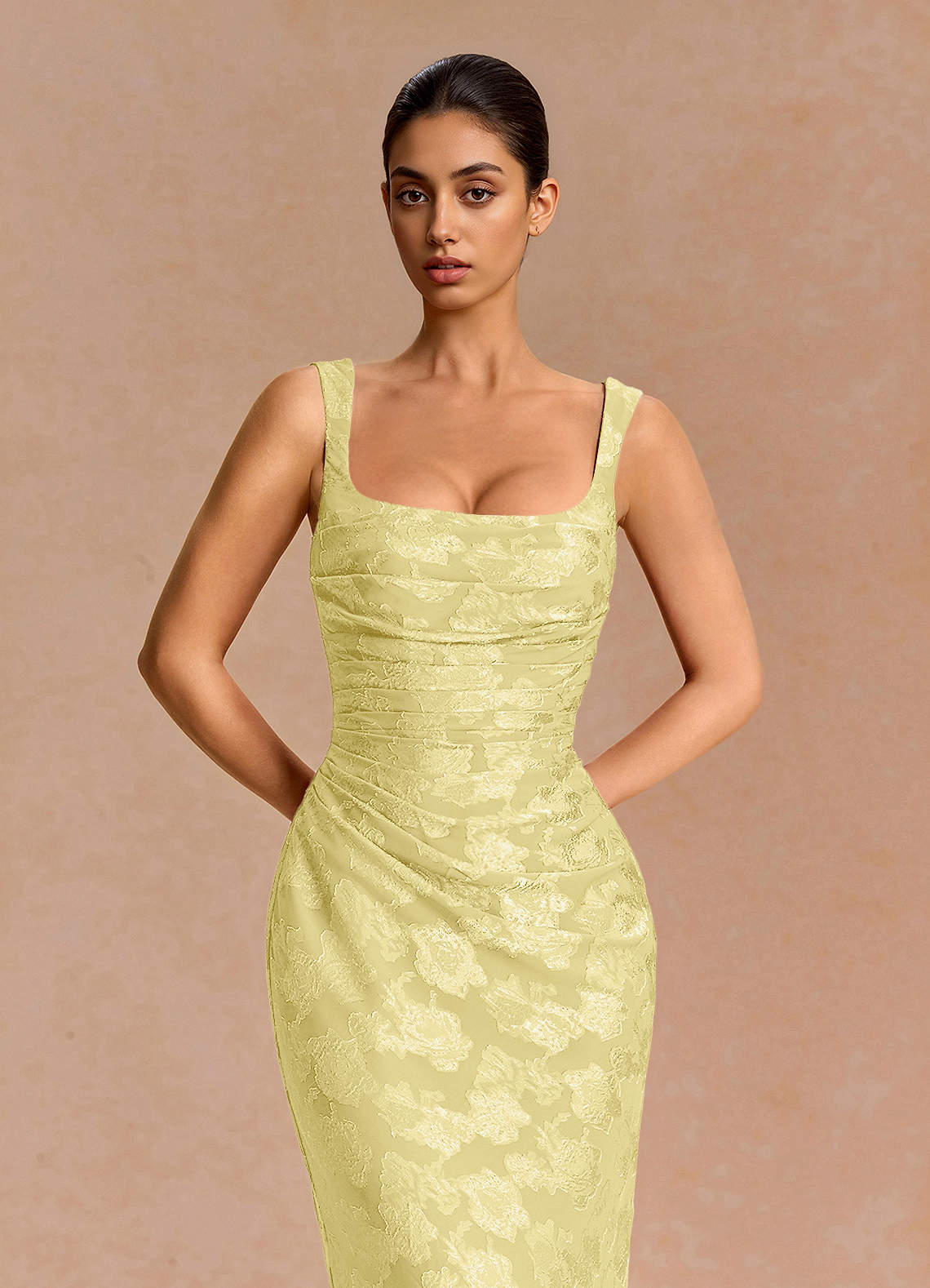 Agustina Square-Neck Pleated Fil Coupé Evening Dress in Lemon Sorbet