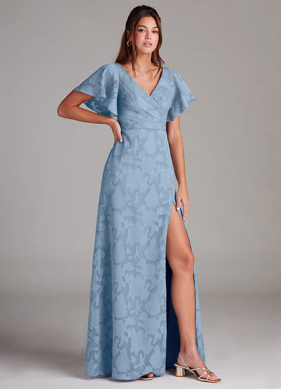 Ambrosia A-Line V-Neck Floral Burnout Bridesmaid Dress in Powder Blue