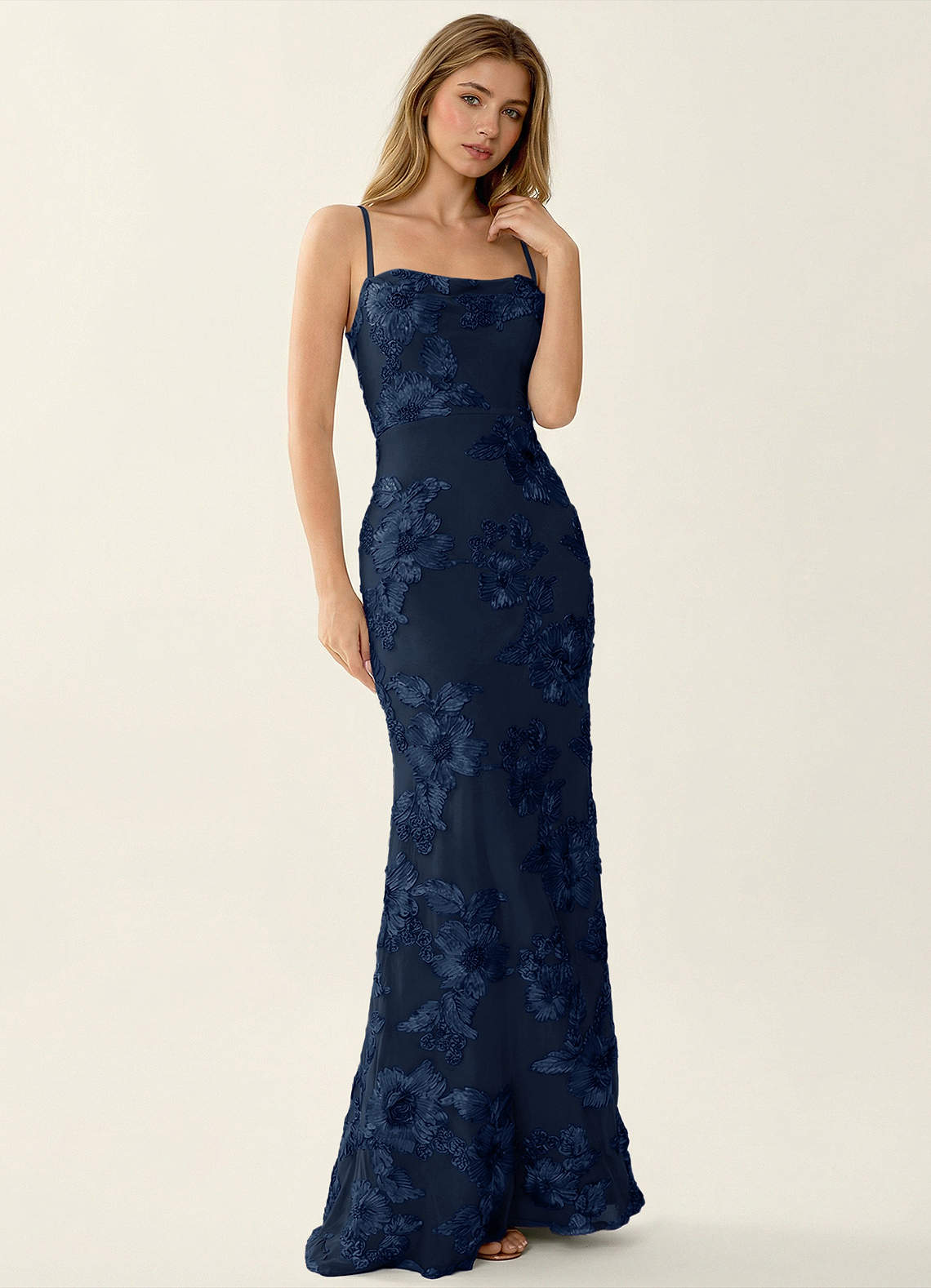 Kailani Mermaid Spaghetti-Strap Lace Evening Dress in Navy Blue