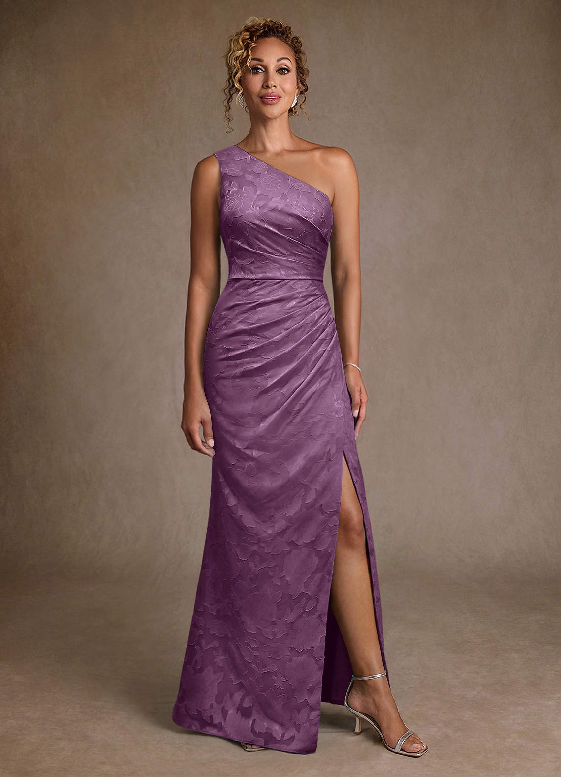 Joylin Trumpet One-Shoulder Floral Burnout Mother of the Bride Dress in Wisteria