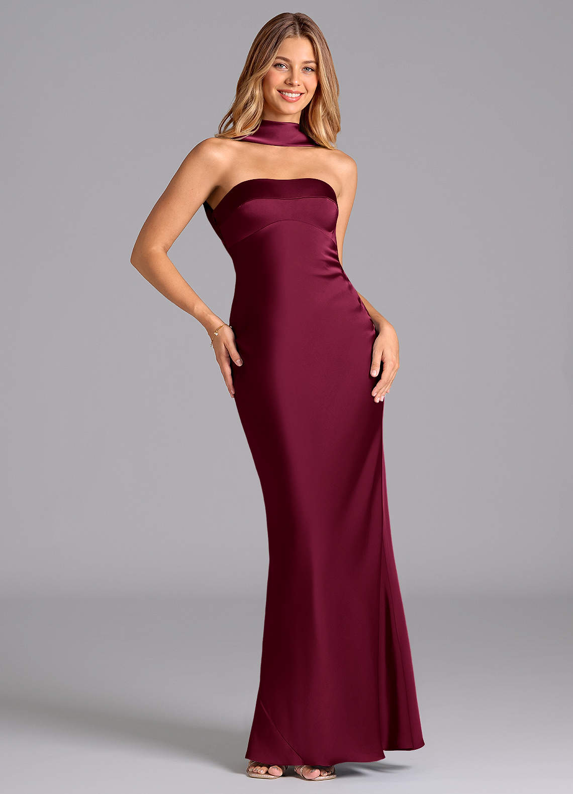 Lusinda Mermaid Strapless Stretch Satin Bridesmaid Dress in Burgundy