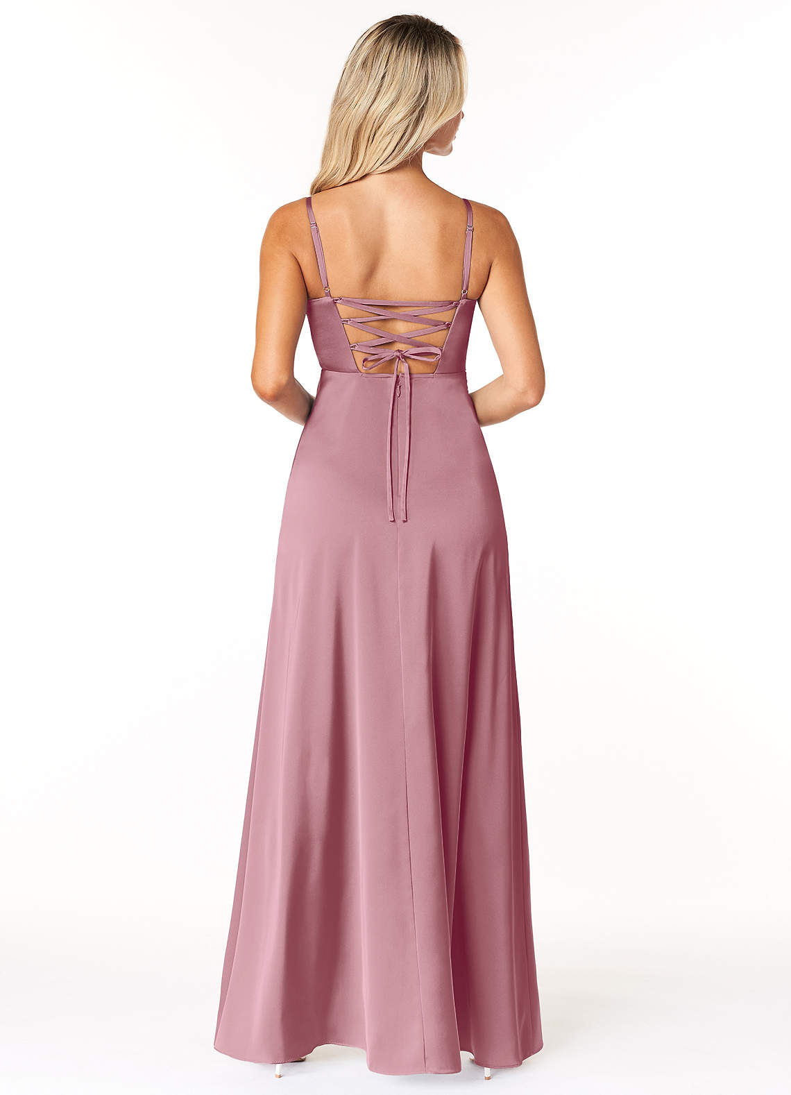 Marchella A-Line V-Neck Stretch Satin Bridesmaid Dress in Vintage Mauve