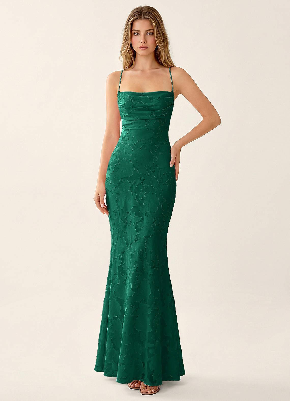 Natasha Mermaid Spaghetti-Strap Floral Burnout Evening Dress in Hunter Green